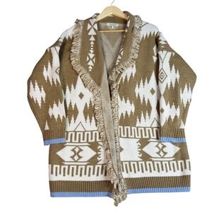 Cocogio Italy Brown Geometric Aztec Fringed Open Front Cardigan Sweater Blend L